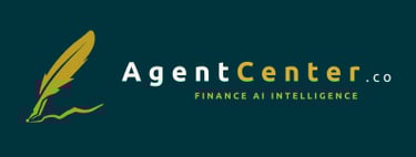 AgentCenter.co logo featuring a gold quill pen icon and finance AI intelligence tagline.