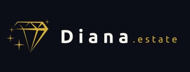 Diana Estate luxury real estate logo featuring a sparkling gold diamond icon on a dark background.