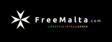 FreeMalta.com logo featuring a white Maltese cross and lifestyle intelligence tagline on a black background.