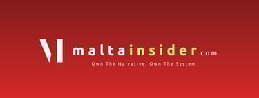 Malta Insider logo and website URL on a red gradient background with the slogan Own The Narrative.