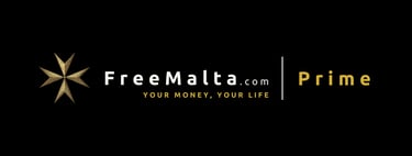 FreeMalta.com Prime logo with a golden Maltese cross and the slogan Your Money, Your Life on a black background.