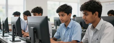 Focused Indian high school students in a modern computer laboratory, collaborative group work, bright high-key lighting.
