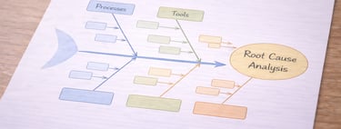 Fishbone diagram illustrating root cause analysis of processes and tools in a business workflow.