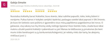 Positive customer review for a mobile cocktail bar service featuring five-star ratings and Lithuanian text.