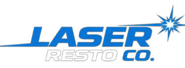 Laser Resto Co. logo featuring blue and white typography with a laser spark icon on a black background.