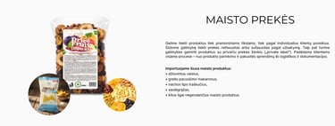 Assorted dried fruit compote mix and tortilla chips snacks with Lithuanian product descriptions.