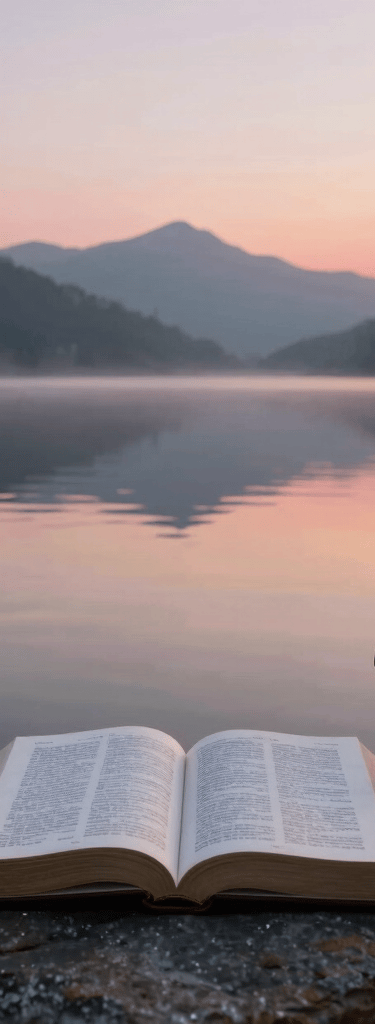 Open Holy Bible and wooden cross on a rock by a calm lake with mountain sunset background.