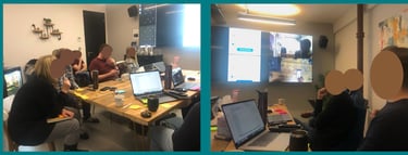 Members of the project team sat around a table observing usability testing. 