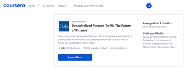 Online educational platform Coursera offering courses on decentralized finance (DeFi) and blockchain