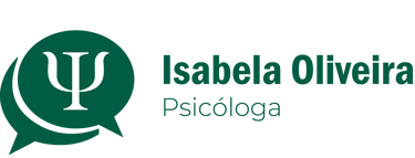 Logo da marca, um balão de conversa verde com o símbolo da psicologia com o nome Isabela Oliveira.