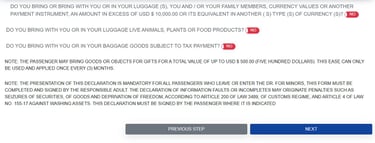 Customs declaration step on Dominican Republic e-ticket form for passengers