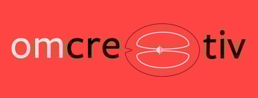 omcre8tiv logo - black and white text on a red background