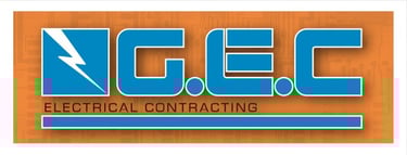 G.E.C. Electrical Contracting logo with a blue lightning bolt and text on an orange circuit background.