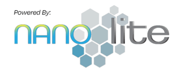 Powered By Nano Lite logo featuring blue and silver typography with a geometric hexagonal honeycomb pattern.