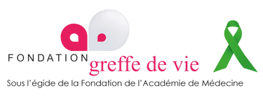 Logo of 'Fondation greffe de vie' for organ donation awareness, with pink and white lettering and a green ribbon.