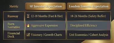 Comparison table showing San Francisco vs. London/Toronto venture capital investor expectations for 