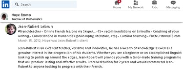 Example 7 of LinkedIn recommendations written for French teacher Jean-RobertLebrun
