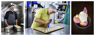 Un couple de travailleurs confectionne des pâtisseries et des glaces dans un laboratoire