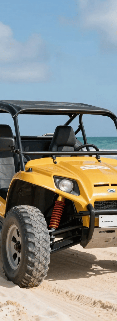 Excited travelers riding dune buggies across golden sandy trails with lush greenery