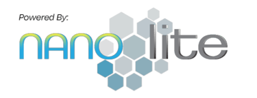 Powered By Nano Lite logo featuring blue and silver typography with a geometric hexagonal honeycomb pattern.