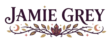 Jamie Grey logo with dark purple serif text above a decorative vine with crystals, leaves, and moon icons.