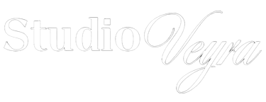 Studio Veyra minimalist white logo with elegant serif and script fonts on a black background.