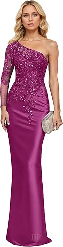A woman models a floor-length, one-shoulder formal dress in a vibrant magenta or fuchsia satin fabri