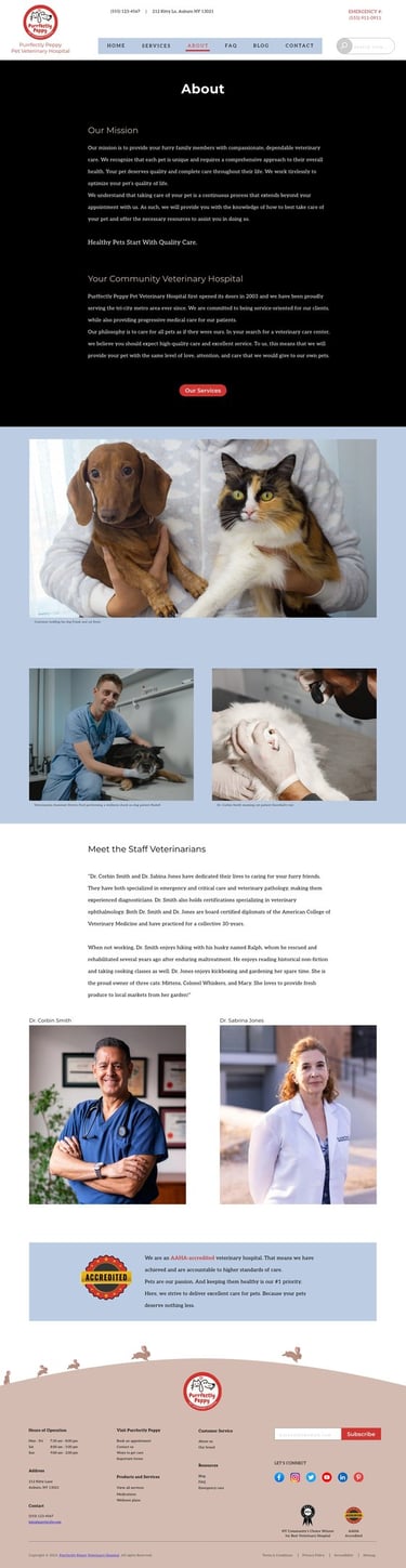 About webpage design with images of pets and staff members, mission statement, and accredited certificate.
