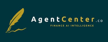 AgentCenter.co logo featuring a gold quill pen icon and finance AI intelligence tagline.