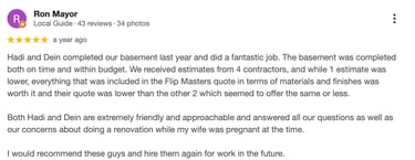 Five-star Google review for Flip Masters basement renovation contractors and home remodeling services.