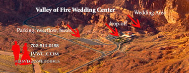 Aerial map of Valley of Fire Wedding Center showing parking and red rock canyon ceremony locations.