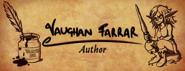 Vaughan Farrar web banner, a goblin girl sat on a rock with a sword, ink pot and quill, sketches