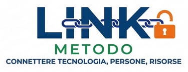 Link Metodo logo featuring a blue chain and orange padlock for secure technology and resource connections.