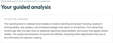 Performance gap diagnostic summary showing a guided analysis of team reporting issues and project tracking delays.
