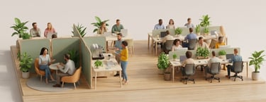 A 3D isometric render of a modern open-plan office with diverse employees working at desks and collaborating.