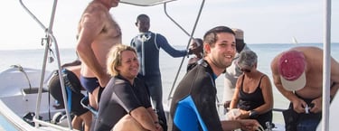 Diver at The Scuba Duka Diving Centre boat Nia about to leave for a diving at the wreck
