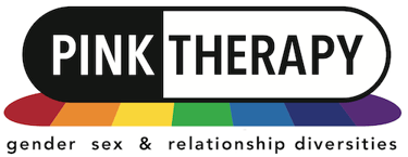 The logo for Pink Therapy, black and white working on a rainbow background