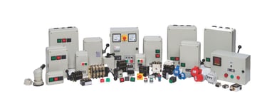 A collection of industrial electrical control panels, switches, and power distribution components.