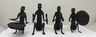 "Handcrafted wrought iron tribal musician figurine set – drummer, percussionist, flutist, and gong player-Shipped worldwide"