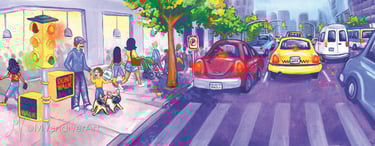 Illustrations from Bruno & Frida Go To New York by New Orleans artist Melissa Vandiver.