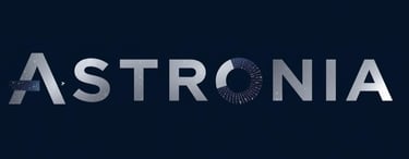 The word Astronia in silver foil foil with a dark background