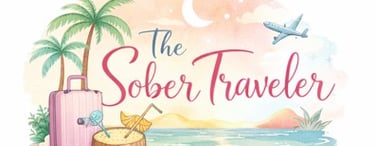 The Sober Traveler logo featuring a beach scene with a pink suitcase, coconut mocktail, and palm trees.