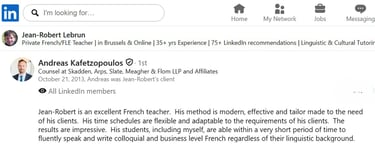 LinkedIn recommendation for a French teacher highlighting professional language tutoring services.