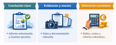 Infografía de peritaje con conclusión clara, evidencias, fotos y valoración económica de daños.