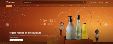 Natura Ekos Maracuyá gift set on an orange Christmas background with skincare products and gift boxes.