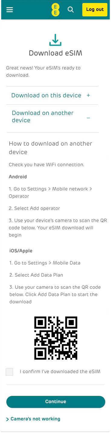 UI design with two options to download the eSIM. Option to scan a QR code is displayed.