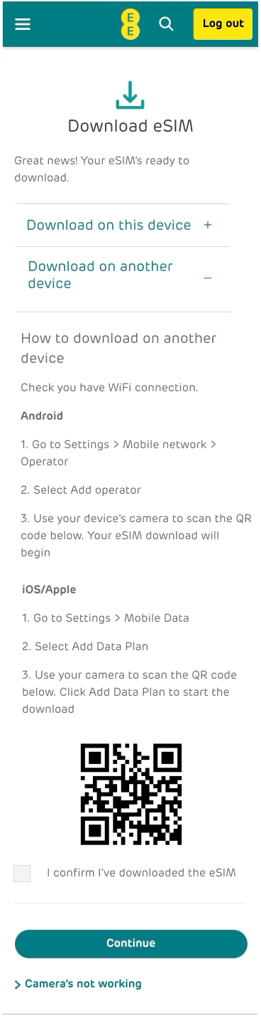 UI design with two options to download the eSIM. Option to scan a QR code is displayed.