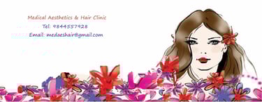 Artistic drawing of a female face with flowers, decorative clinic graphic.