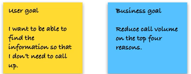 User goal - Find information so I don't need to call Business goal Reduce call volume for top reason