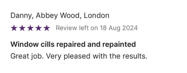 Five-star customer review for window cill repair and painting services in Abbey Wood, London.